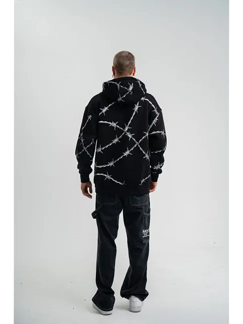 Unisex Kapşonlu Varak Ve Pano Baskılı Sweatshirt- Siyah