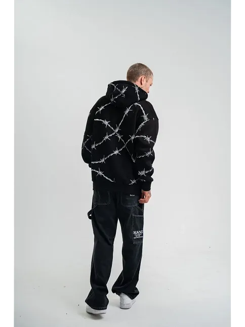 Unisex Kapşonlu Varak Ve Pano Baskılı Sweatshirt- Siyah