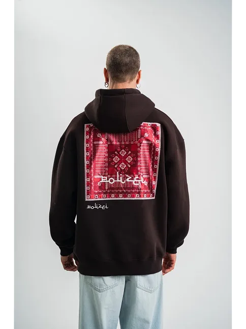 Erkek Premium Nakışlı Kapşonlu Sweatshirt Double Oversize Üç İplik Pamuklu - Siyah