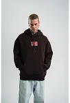 Erkek Premium Nakışlı Kapşonlu Sweatshirt Double Oversize Üç İplik Pamuklu - Siyah