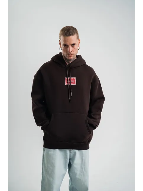 Erkek Premium Nakışlı Kapşonlu Sweatshirt Double Oversize Üç İplik Pamuklu - Siyah