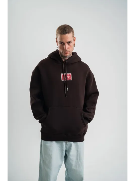 Double Oversize Kapşonlu Dijital Patchli SweatShirt - Kahve Double Oversize Kapşonlu Dijital Patchli SweatShirt - Kahve