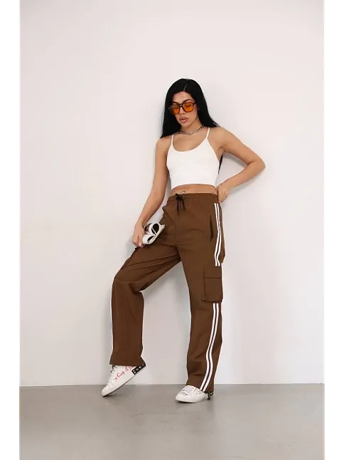 Praşut Kumaş Kargo Çeplı Baggy Esofman - Kahve