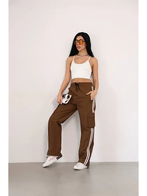 Praşut Kumaş Kargo Çeplı Baggy Esofman - Kahve