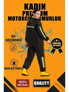 Kadın Premium Motorcu Kurye Yağmurluk Takım Su Geçirmez Pvc Reflektörlü Siyah