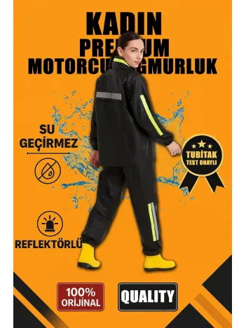 Premium Kadın Motorcu Kurye Yağmurluk Takım Su Geçirmez Pvc Kumaş Reflektörlü Tübitak Onaylı - Siyah