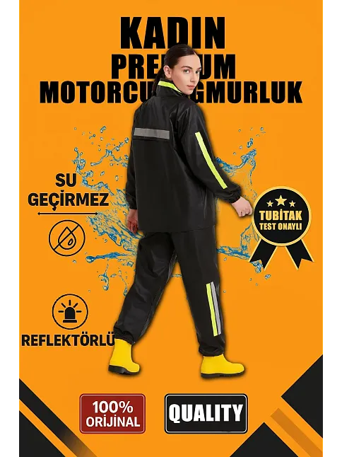 Kadın Premium Motorcu Kurye Yağmurluk Takım Su Geçirmez Pvc Reflektörlü Siyah