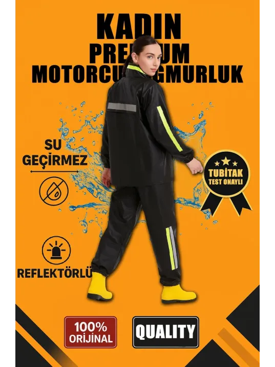 Premium Kadın Motorcu Kurye Yağmurluk Takım Su Geçirmez Pvc Kumaş Reflektörlü Tübitak Onaylı - Siyah Premium Kadın Motorcu Kurye Yağmurluk Takım Su Geçirmez Pvc Kumaş Reflektörlü Tübitak Onaylı - Siyah