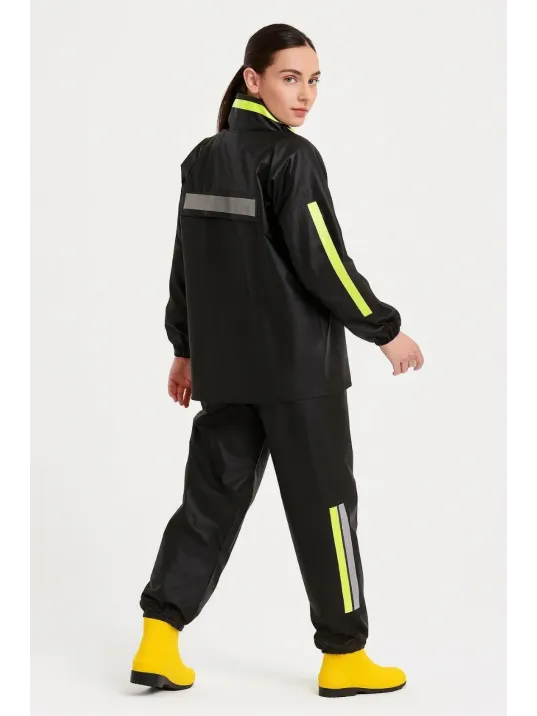 Premium Kadın Motorcu Kurye Yağmurluk Takım Su Geçirmez Pvc Kumaş Reflektörlü Tübitak Onaylı - Siyah Premium Kadın Motorcu Kurye Yağmurluk Takım Su Geçirmez Pvc Kumaş Reflektörlü Tübitak Onaylı - Siyah
