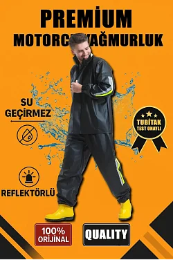 Premium Motorcu Kurye Yağmurluk Takım Su Geçirmez Pvc Kumaş Reflektörlü Tübitak Onaylı - Siyah