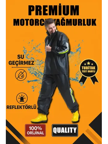 Premium Motorcu Kurye Yağmurluk Takım Su Geçirmez PVC Kumaş Reflektörlü TÜBİTAK Onaylı - Siyah Premium Motorcu Kurye Yağmurluk Takım Su Geçirmez PVC Kumaş Reflektörlü TÜBİTAK Onaylı - Siyah