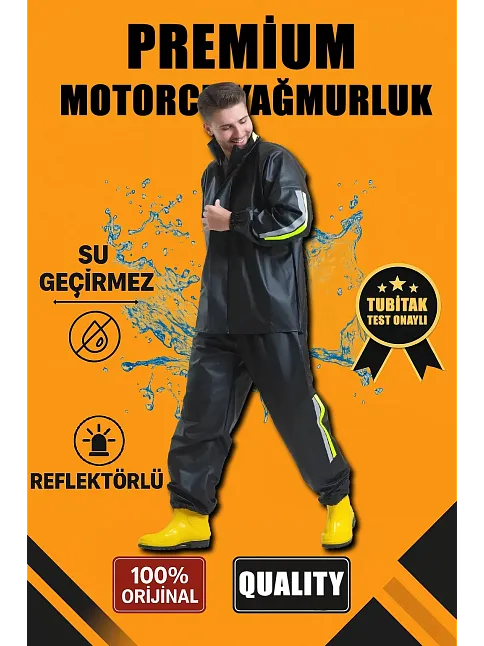 Premium Motorcu Kurye Yağmurluk Takım Su Geçirmez Pvc Kumaş Reflektörlü Tübitak Onaylı - Siyah