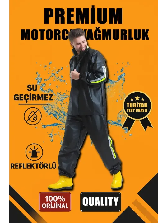 Premium Motorcu Kurye Yağmurluk Takım Su Geçirmez PVC Kumaş Reflektörlü TÜBİTAK Onaylı - Siyah Premium Motorcu Kurye Yağmurluk Takım Su Geçirmez PVC Kumaş Reflektörlü TÜBİTAK Onaylı - Siyah
