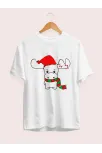 Ren Geyiği Baskılı Noel İçin T-shirt - Beyaz
