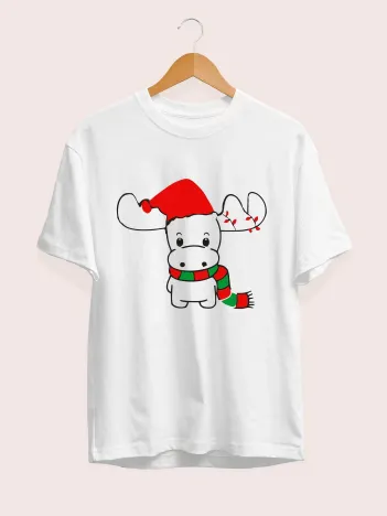 Ren Geyiği baskılı Noel İçin T-shirt - Beyaz