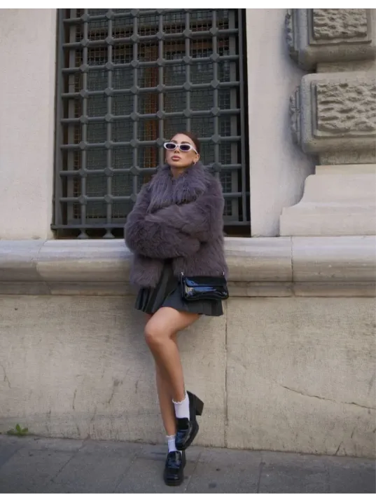 Salaş Sakallı Yumuşak Dokulu Yakalı Cepli Suni Kürk - füme