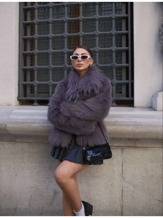 Salaş Sakallı Yumuşak Dokulu Yakalı Cepli Suni Kürk - füme