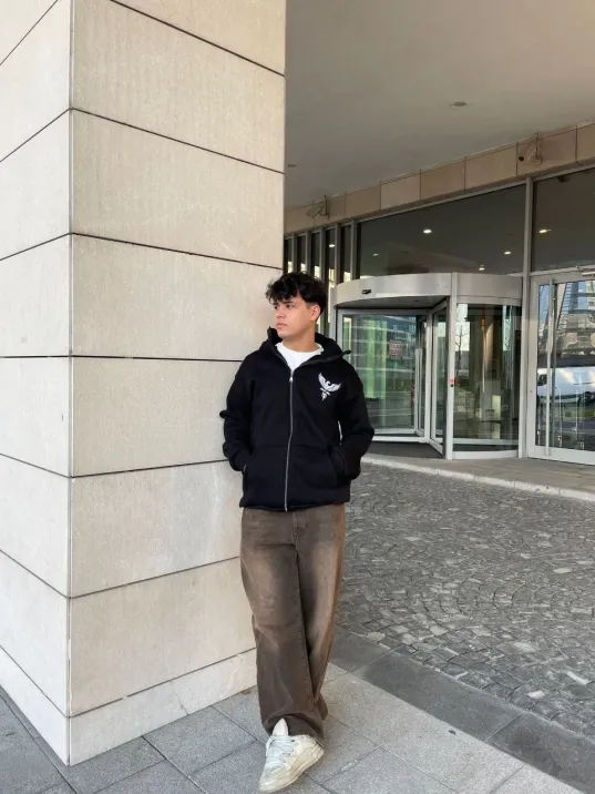 Samuray Kapüşonlu Zıp Fermuarlı Kapüşonlu Sweatshirt - Siyah