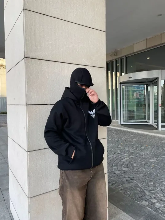 Samuray Kapüşonlu Zıp Fermuarlı Kapüşonlu Sweatshirt - Siyah