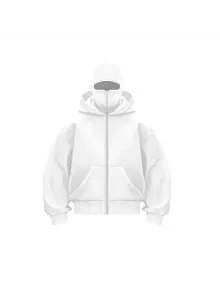 Samuray Ninja Çift Kapşonlu Zıp Fermuarlı Kanguru Çepli Tam Fermuarlı Hoodie Swetshirt - Beyaz