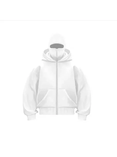 Samuray Ninja Çift Kapşonlu Zıp Fermuarlı Kanguru Çepli Tam Fermuarlı Hoodie Swetshirt - Beyaz