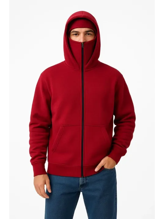 Samuray Ninja Çift Kapşonlu ZIP Fermuarlı Kanguru Çepli Tam Fermuarlı Hoodie Swetshirt - Kırmızı