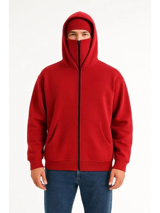 Samuray Ninja Çift Kapşonlu ZIP Fermuarlı Kanguru Çepli Tam Fermuarlı Hoodie Swetshirt - Kırmızı