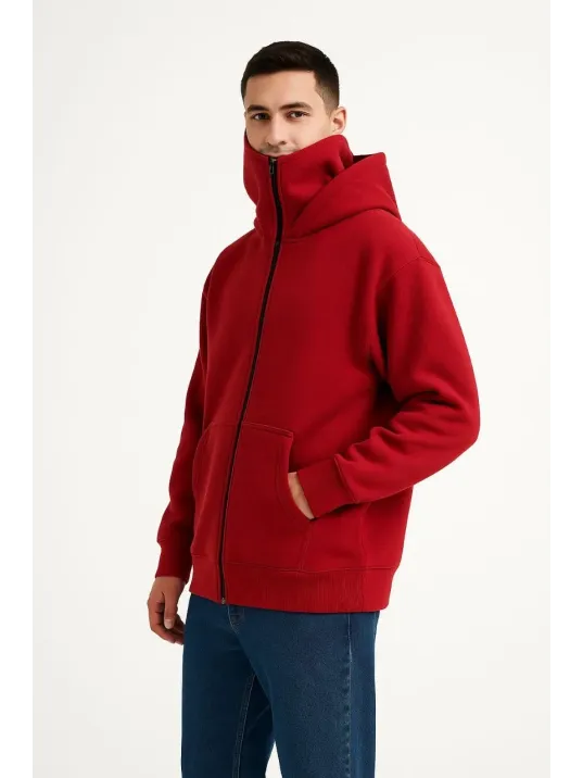 Samuray Ninja Çift Kapşonlu ZIP Fermuarlı Kanguru Çepli Tam Fermuarlı Hoodie Swetshirt - Kırmızı