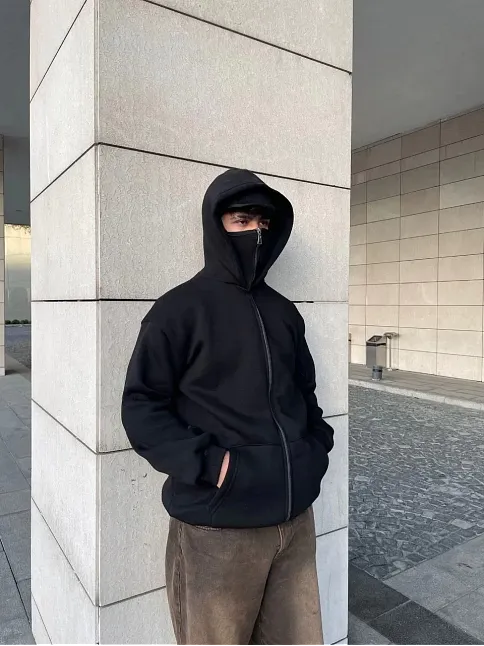 Samuray Ninja Çift Kapşonlu Zıp Fermuarlı Kanguru Çepli Tam Fermuarlı Hoodie Swetshirt - Siyah