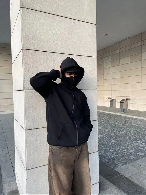 Samuray Ninja Çift Kapşonlu Zıp Fermuarlı Kanguru Çepli Tam Fermuarlı Hoodie Swetshirt - Siyah