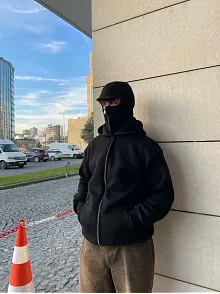 Samuray Ninja Çift Kapşonlu Zıp Fermuarlı Kanguru Çepli Tam Fermuarlı Hoodie Swetshirt - Siyah