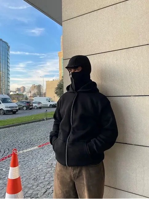 Samuray Ninja Çift Kapşonlu Zıp Fermuarlı Kanguru Çepli Tam Fermuarlı Hoodie Swetshirt - Siyah
