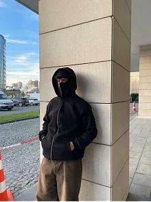 Samuray Ninja Çift Kapşonlu Zıp Fermuarlı Kanguru Çepli Tam Fermuarlı Hoodie Swetshirt - Siyah