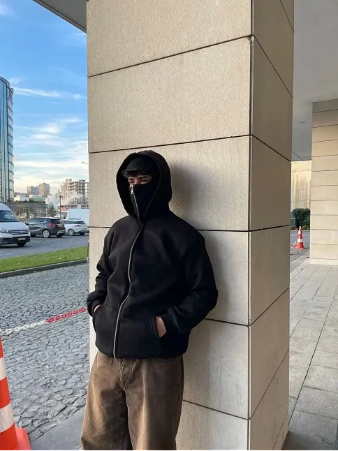 Samuray Ninja Çift Kapşonlu Zıp Fermuarlı Kanguru Çepli Tam Fermuarlı Hoodie Swetshirt - Siyah