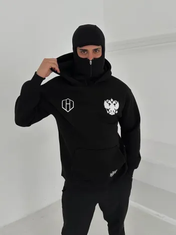 Samuray Ninja Çift Kapşonlu ZIP Fermuarlı Kanguru Çepli Tam Fermuarlı Hoodie ön ve Arka Baskılı Maske Detaylı Swetshirt - Siyah