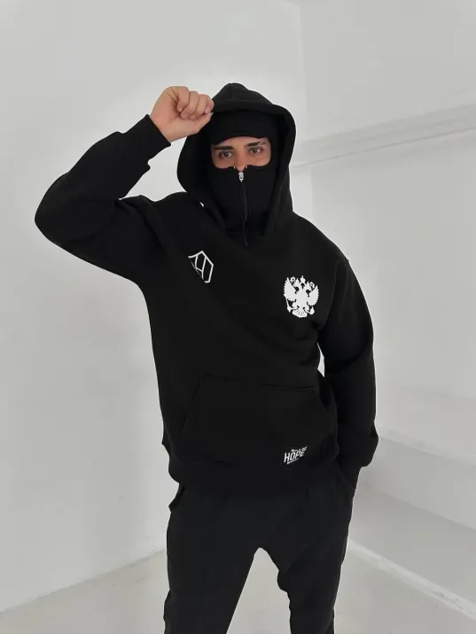 Samuray Ninja Çift Kapşonlu ZIP Fermuarlı Kanguru Çepli Tam Fermuarlı Hoodie ön ve Arka Baskılı Maske Detaylı Swetshirt - Siyah Samuray Ninja Çift Kapşonlu ZIP Fermuarlı Kanguru Çepli Tam Fermuarlı Hoodie ön ve Arka Baskılı Maske Detaylı Swetshirt - Siyah