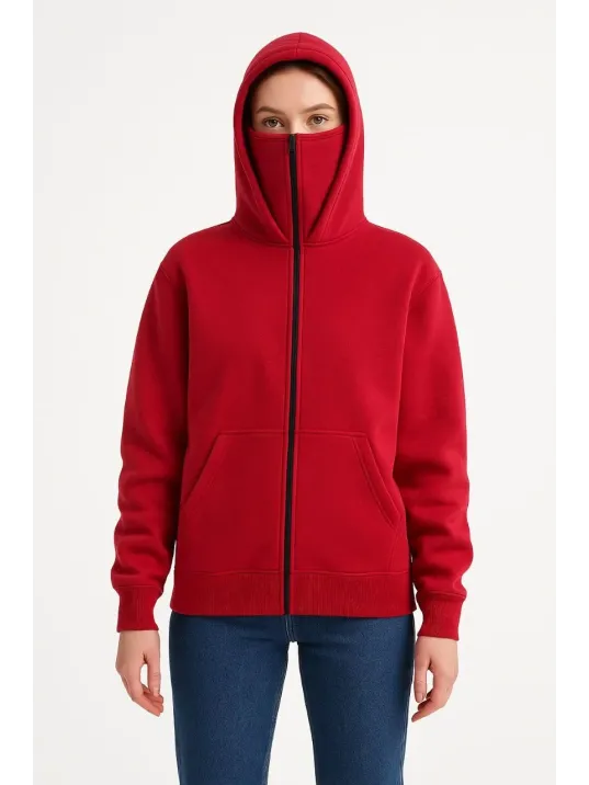 Samuray Ninja Çift Kapüşonlu Kadın Hoodie Oversize Kanguru Cepli, Bahar & Kışlık Fermuarlı Sweatshirt- Kırmızı