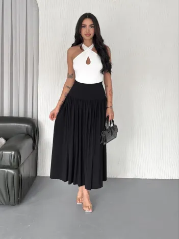 Sandy Uzun Beli Lastikli Yüksel Bel Etek Yazlık - Siyah