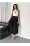 Sandy Uzun Beli Lastikli Yüksel Bel Etek Yazlık - Siyah