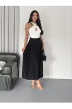 Sandy Uzun Beli Lastikli Yüksel Bel Etek Yazlık - Siyah