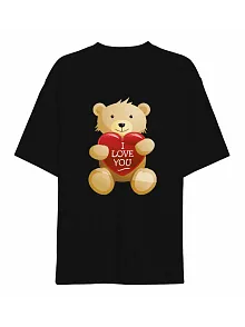 Sevgililer Günü İçin Özel Tasarım I Love You Ayı Baskılı T-shirt - Siyah