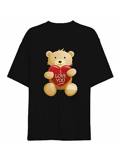 14 Şubat Sevgililer Günü I Love You Ayı Baskılı Oversize Bisiklet Yaka T-shirt - Siyah