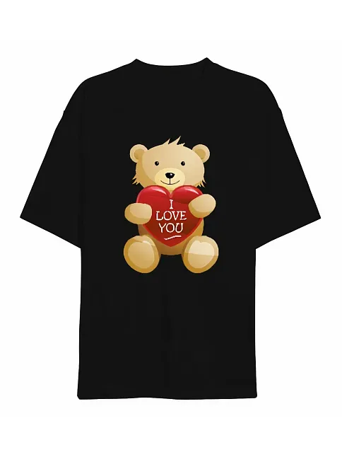Sevgililer Günü İçin Özel Tasarım I Love You Ayı Baskılı T-shirt - Siyah