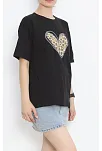 Sevgililer Günü İçin Özel Tasarım Leopar Kalp Baskılı T-shirt - Siyah