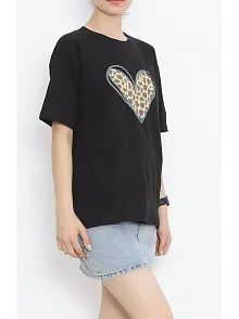 Sevgililer Günü İçin Özel Tasarım Leopar Kalp Baskılı T-shirt - Siyah