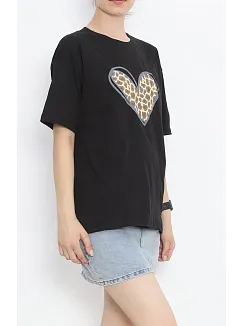 14 Şubat Sevgililer Günü Leopar Kalp Baskılı Oversize Bisiklet Yaka T-shirt - Siyah