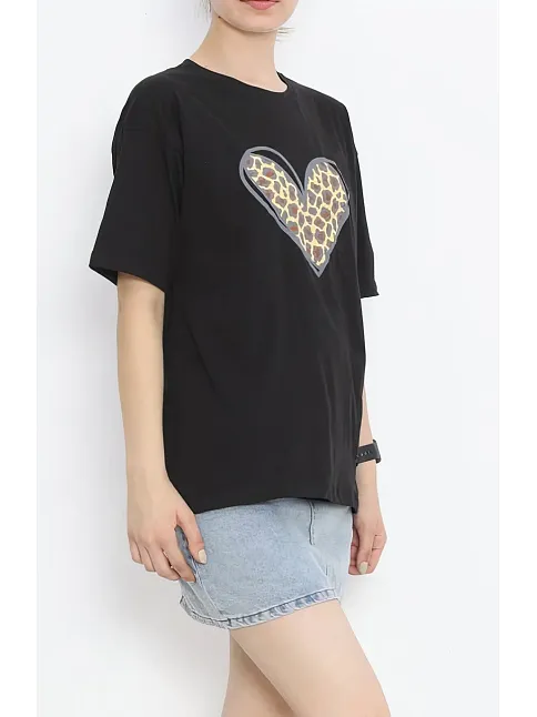 Sevgililer Günü İçin Özel Tasarım Leopar Kalp Baskılı T-shirt - Siyah