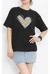 Sevgililer Günü İçin Özel Tasarım Leopar Kalp Baskılı T-shirt - Siyah