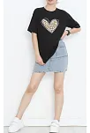 Sevgililer Günü İçin Özel Tasarım Leopar Kalp Baskılı T-shirt - Siyah
