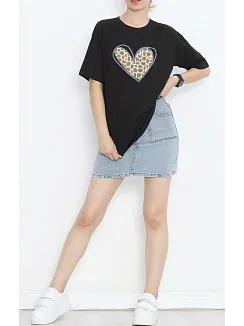 14 Şubat Sevgililer Günü Leopar Kalp Baskılı Oversize Bisiklet Yaka T-shirt - Siyah